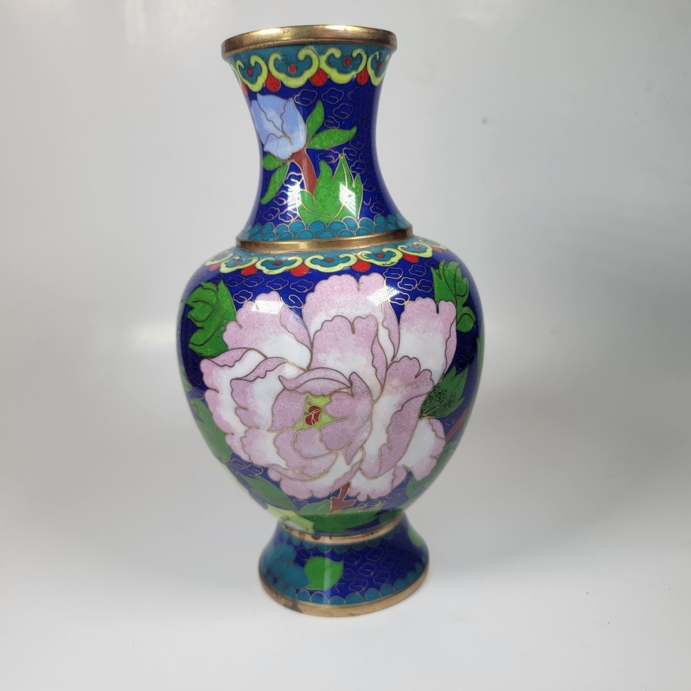 Vintage Antique Chinese Cloisonne Enamel on Brass Blue Vase‎ Flower - Picture 4 of 10